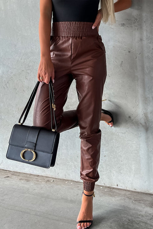 Smocked High-Waist Leather Skinny Pants